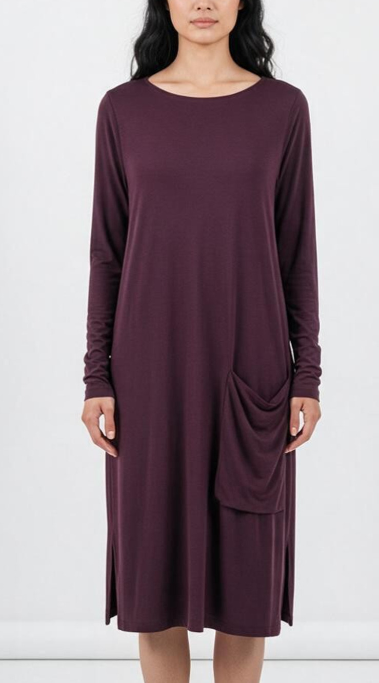 A5 Auth EILEEN FISHER Stretch Patch Pocket Purple Eggplant Tunic Top Dress Sz M
